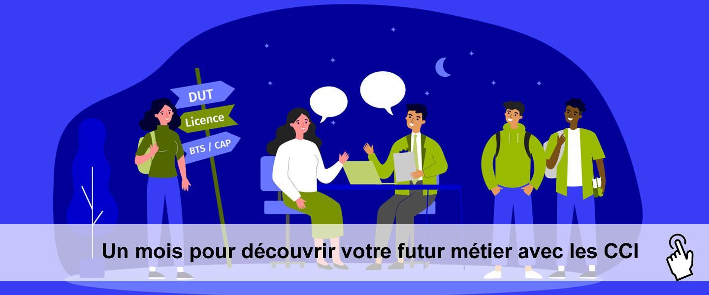 visuel d'une bannière pour le mois de la découverte des métiers avec les CCI